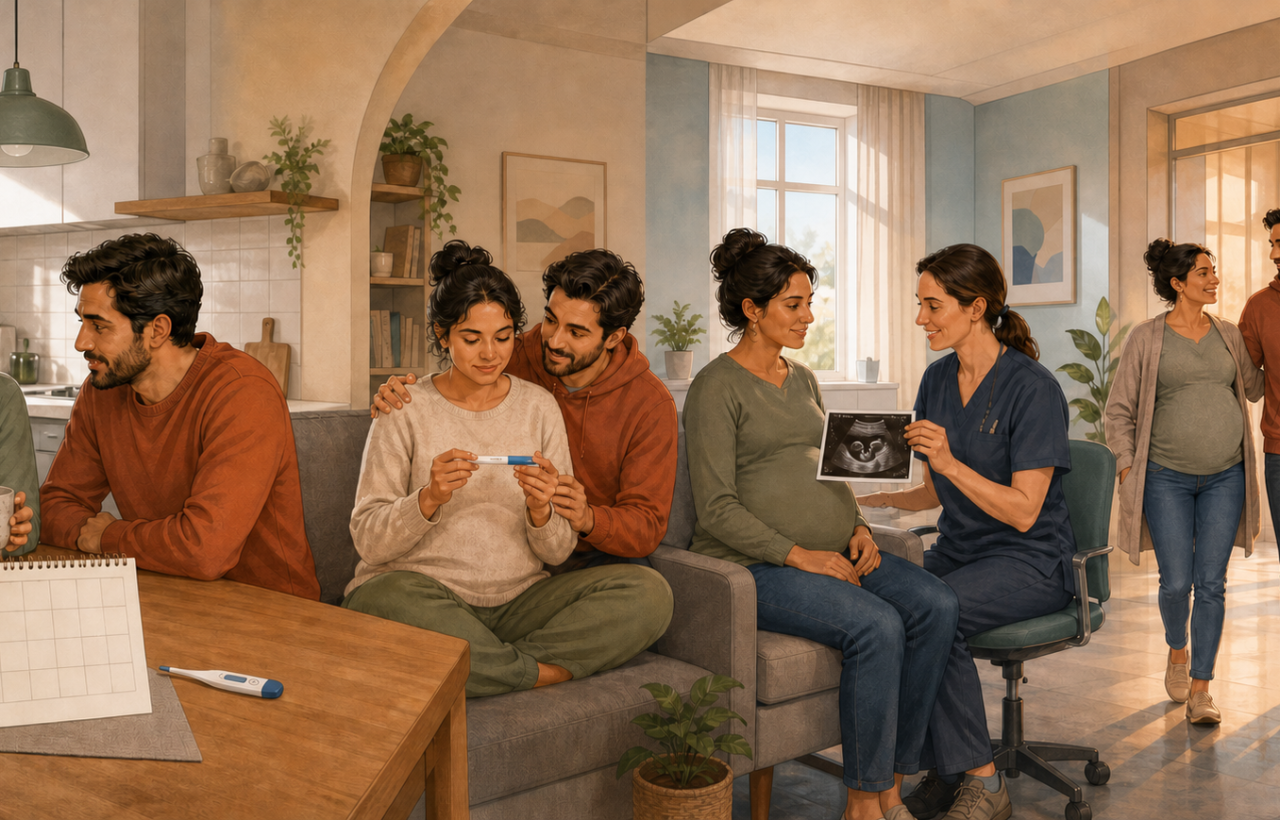 Panoramic illustration showing a couple moving from cycle tracking and a positive pregnancy test to prenatal care and arrival at a maternity unit.