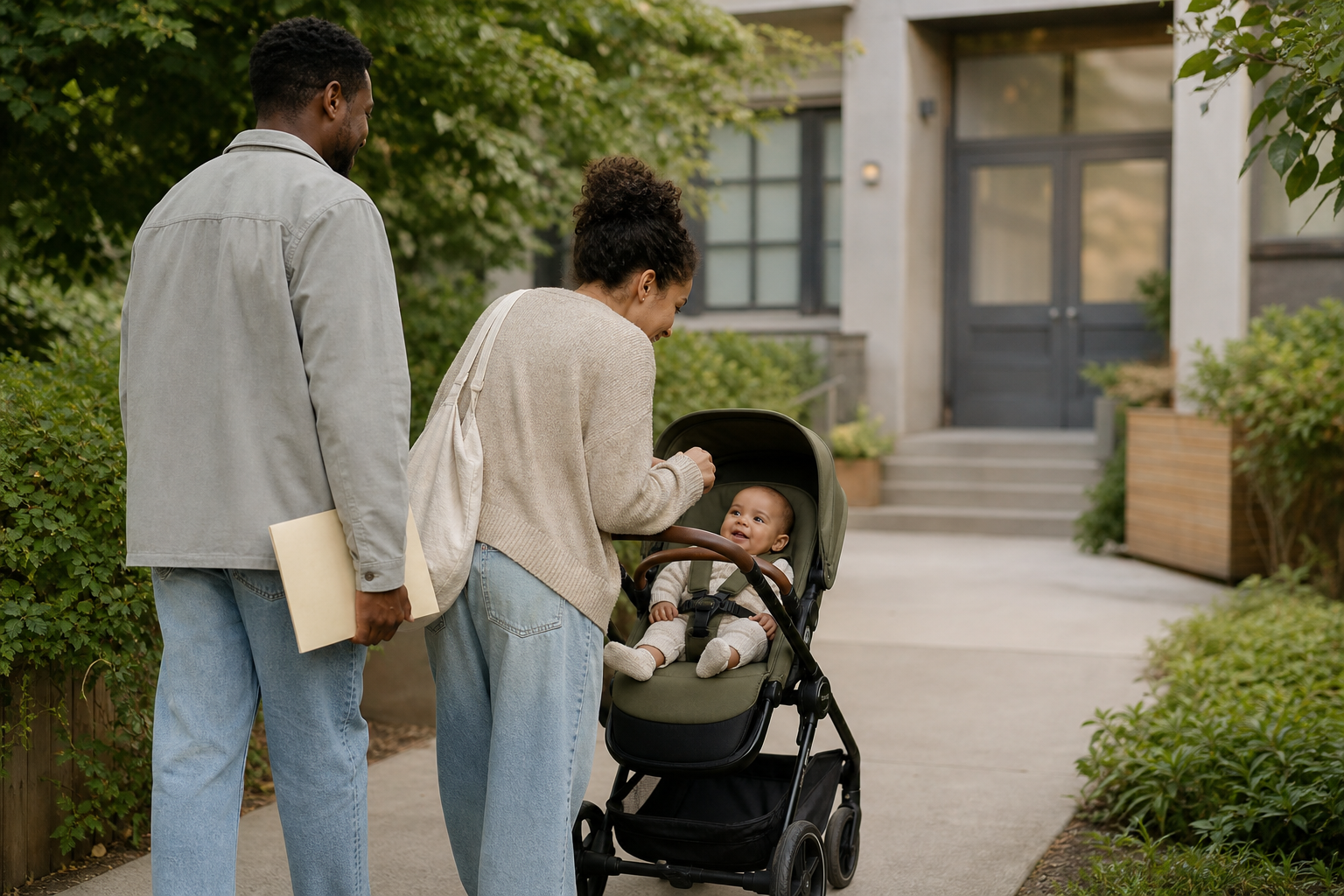 Two parents walk their baby in a stroller toward a daycare entrance while carrying a blank folder.