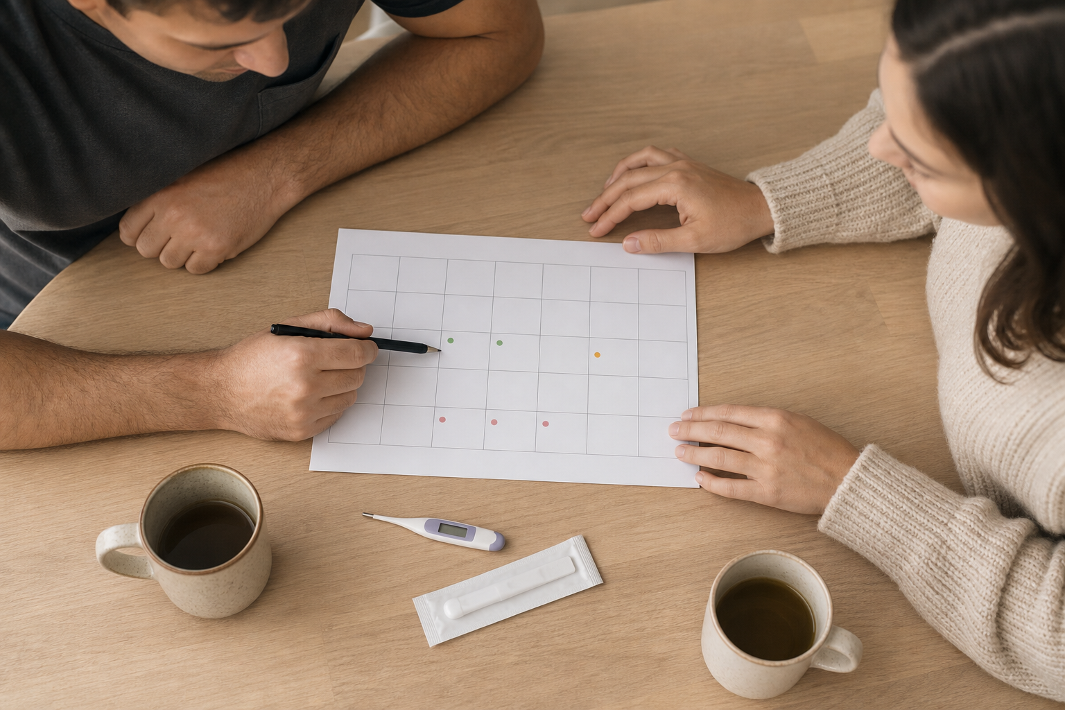 Two adults sit together at a kitchen table with an unmarked calendar, a basal thermometer, and a generic ovulation test.