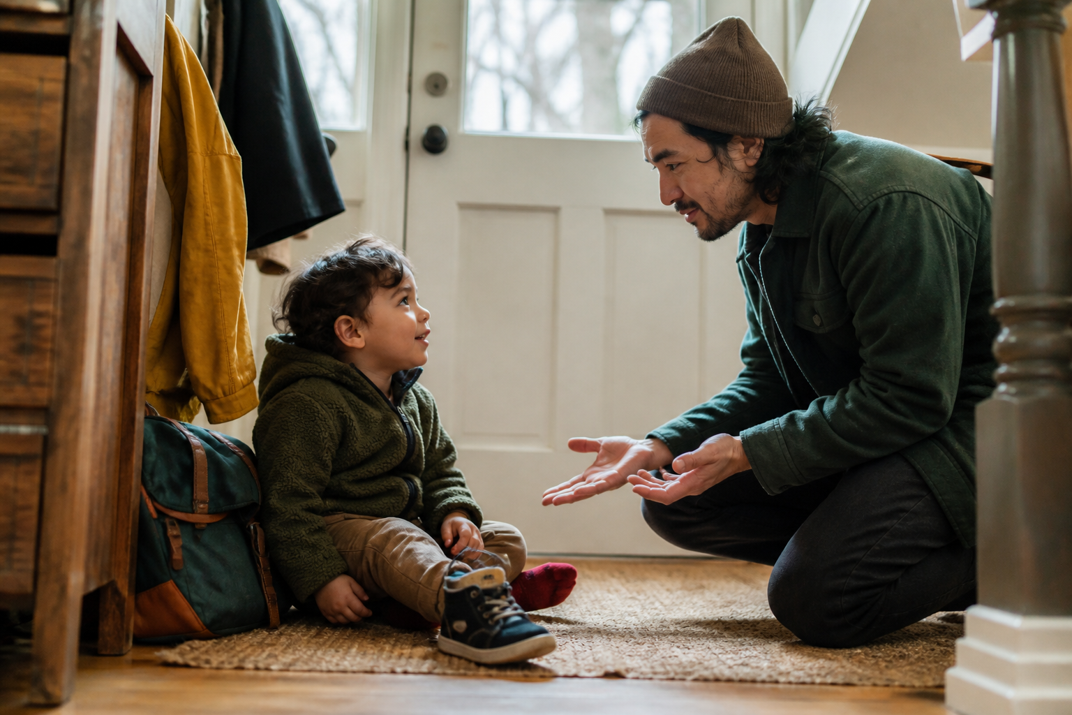 A tearful toddler sits on the floor near a shoe while a calm caregiver kneels nearby at eye level.