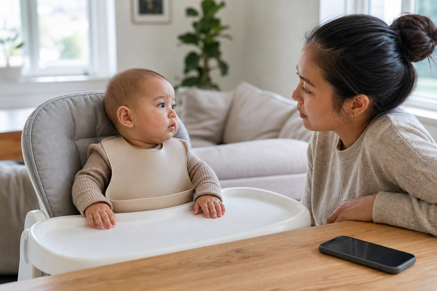 A caregiver watches an infant closely after a supervised feeding, with a phone within reach on the table.