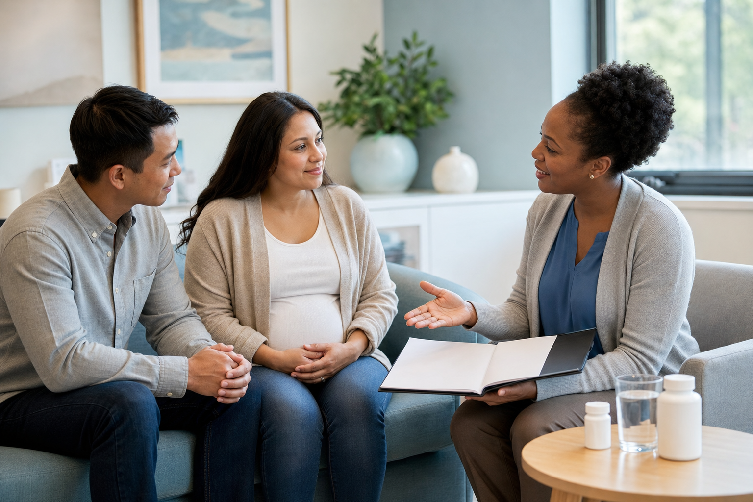 A newly pregnant person and companion speak with a maternity clinician during an early prenatal visit.