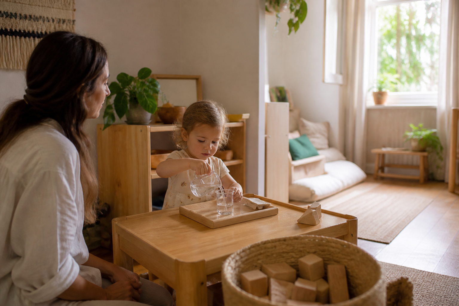 A focused toddler pours water between small cups at a low table while a caregiver watches nearby in a calm play space.