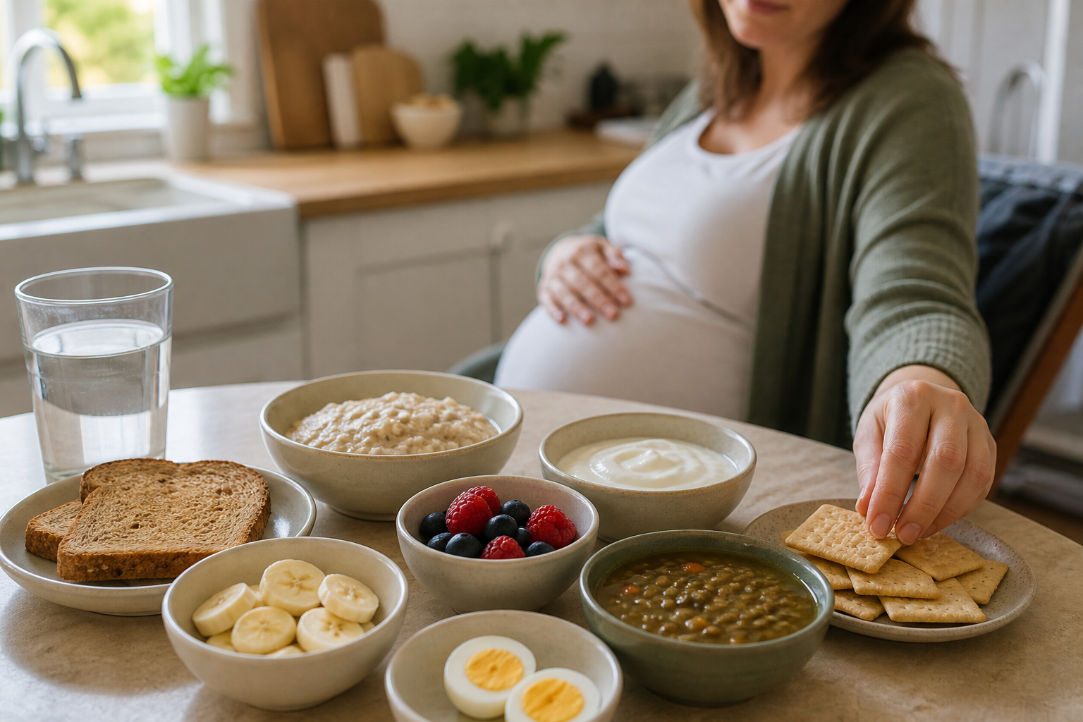 A pregnant person reaches for crackers beside small portions of toast, oatmeal, fruit, yogurt, egg, soup, and water.