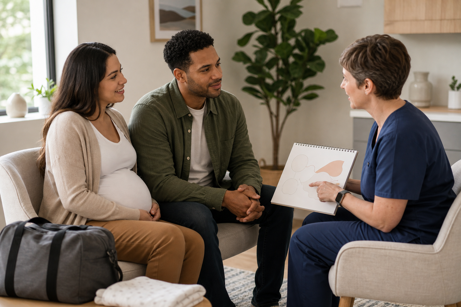 A pregnant person and support partner discuss delivery preparations with a maternity clinician beside a packed overnight bag.