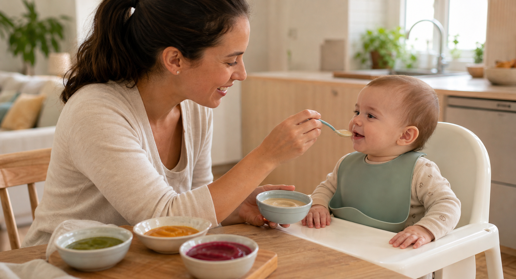 An infant sits upright for a routine family meal with a small bowl of smooth, thinned peanut mixture and other purees.