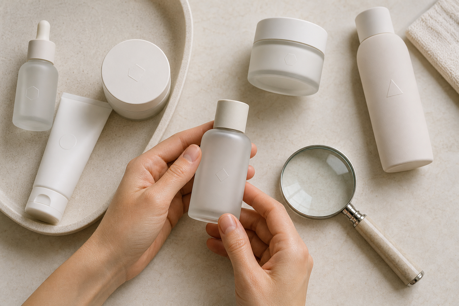 Hands turn an unbranded skincare bottle to inspect its blank back panel beside other cosmetic containers and a magnifying lens.