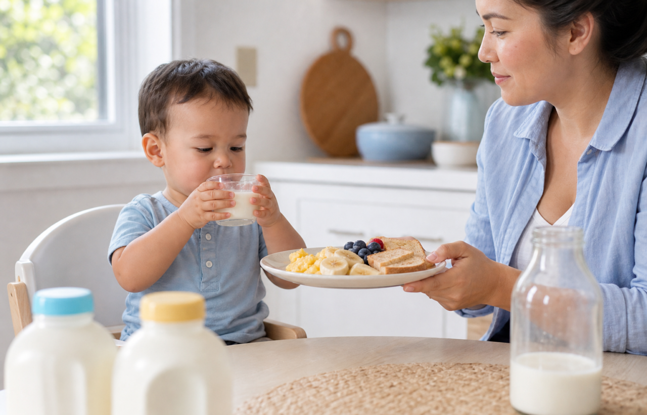 A toddler drinks milk from a small open cup while sitting with a parent at a breakfast table.