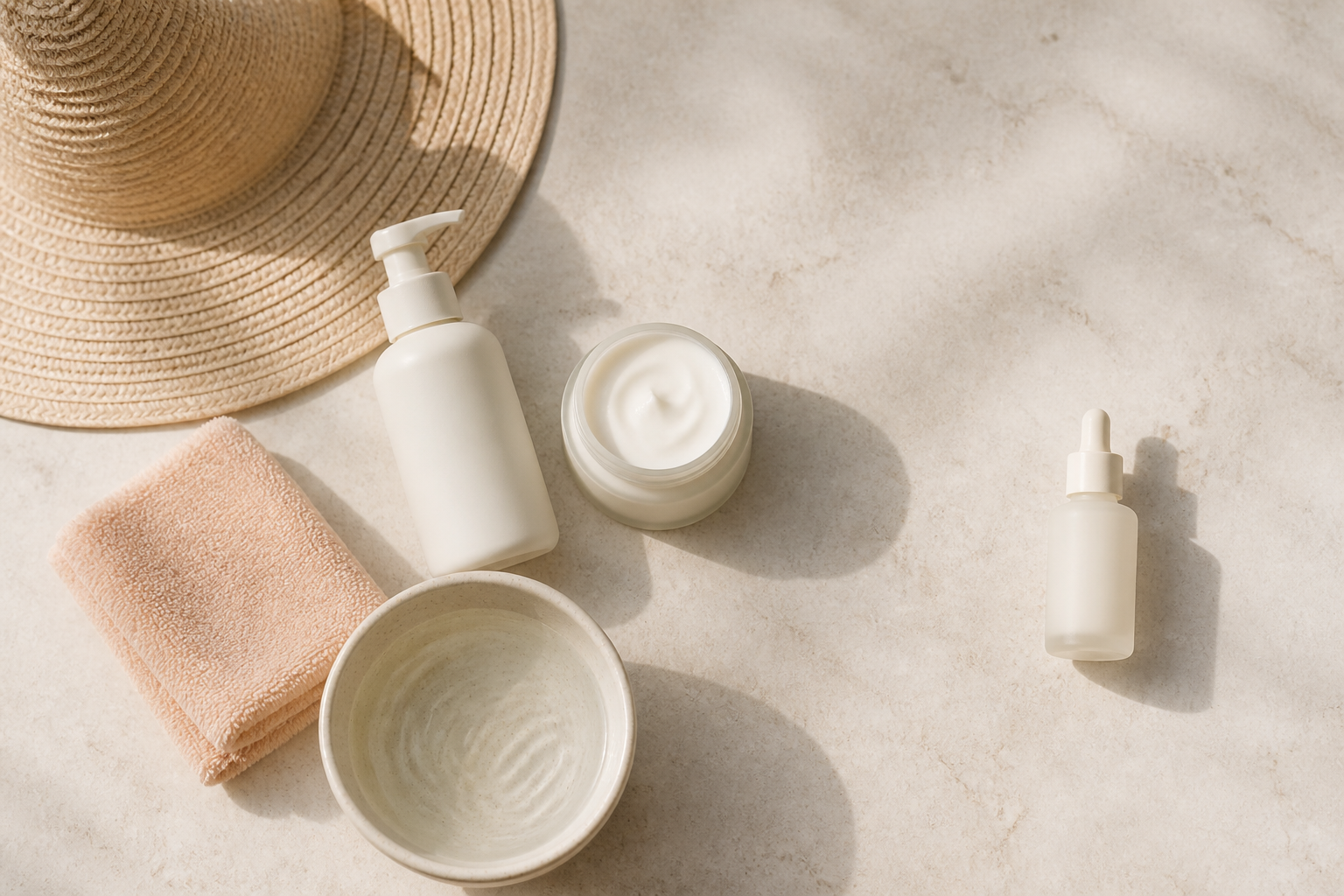 A moisturizer, pump bottle, sun hat, washcloth, and bowl of water form a simple skincare routine, with a serum bottle set apart.