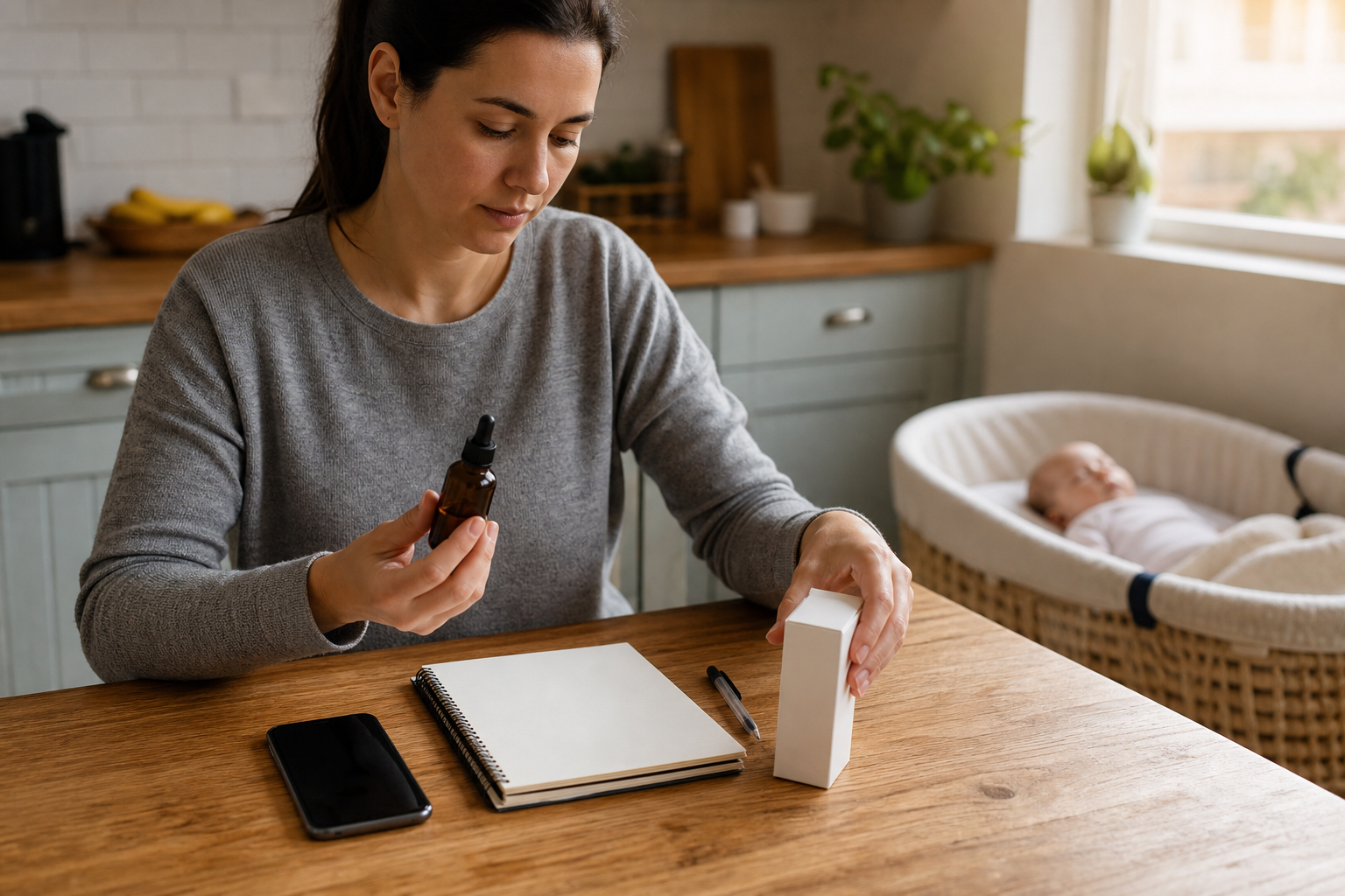 A parent gathers a serum bottle, its packaging, a blank notebook, and a phone while an infant rests in a bassinet nearby.