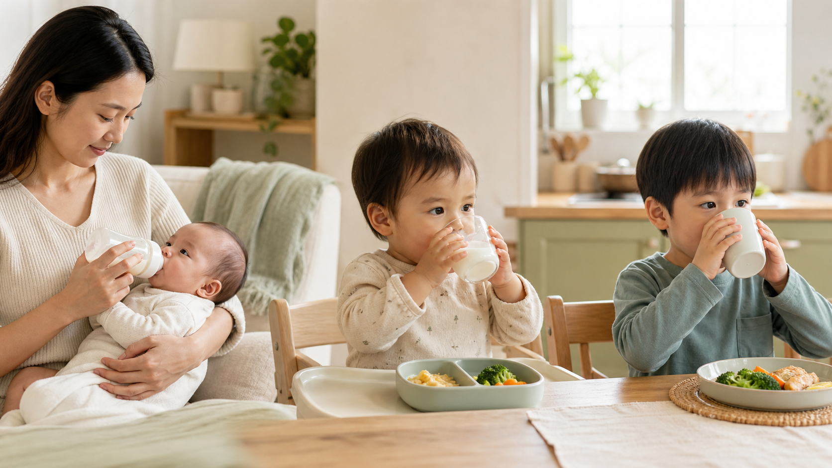 Three adjacent scenes show a parent bottle-feeding an infant, a toddler drinking milk from an open cup, and a preschooler drinking from a cup at a table.