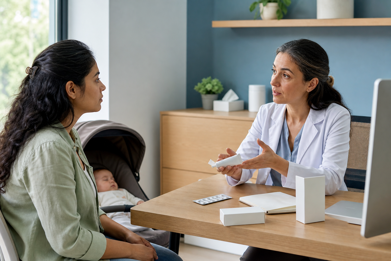 A parent with an infant in a stroller discusses an unbranded medicine tube and pill blister with a healthcare professional.