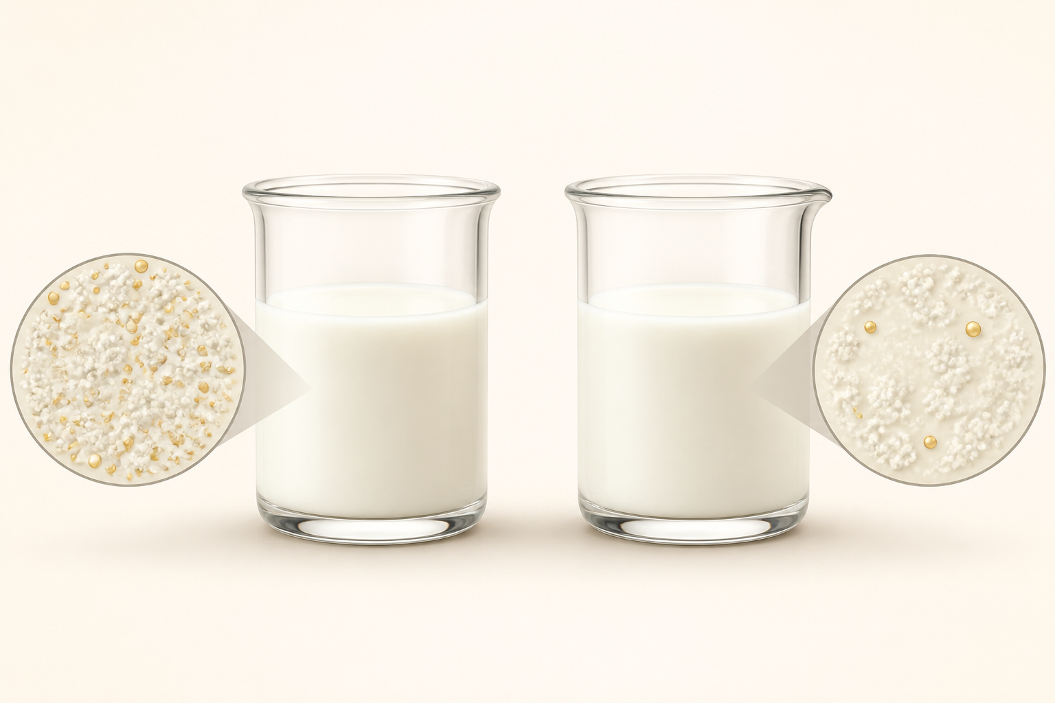 Two equal vessels of milk are paired with magnified cutaways showing more fat droplets in one sample and fewer in the other.