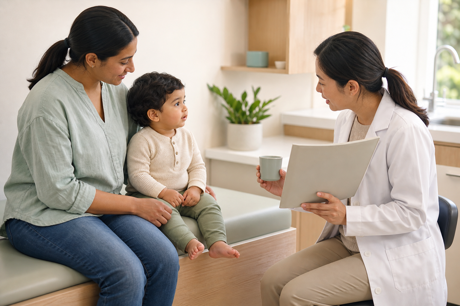 A parent and toddler speak with a pediatric clinician during a nutrition discussion in an examination room.