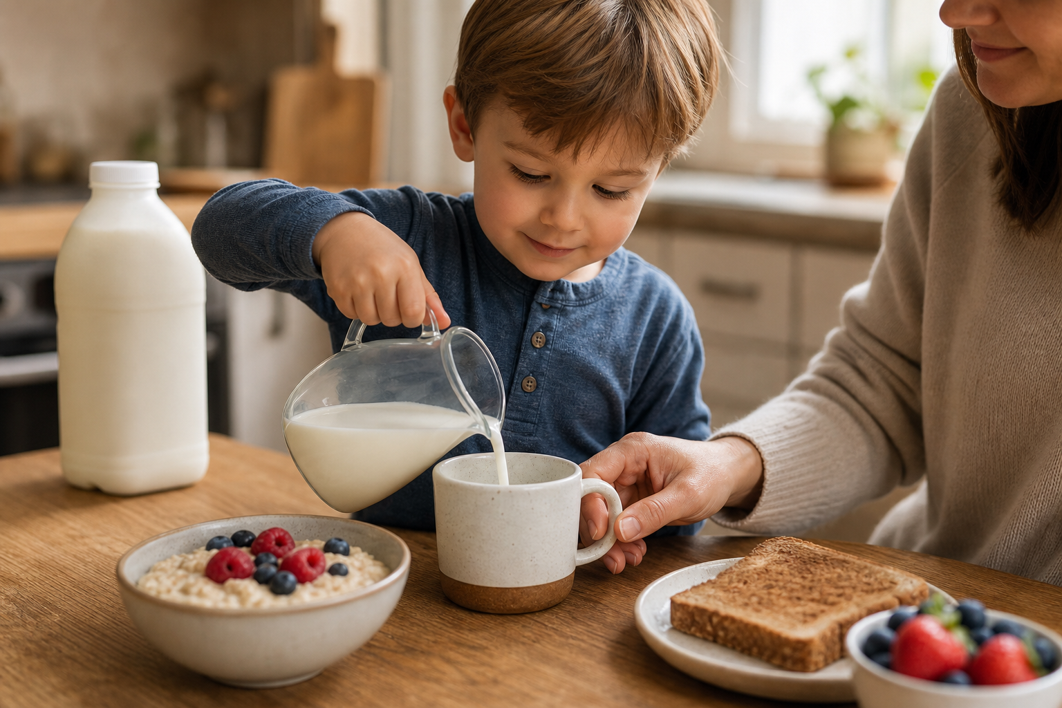 A preschool-age child pours milk into an open cup at breakfast while a parent steadies the pitcher.