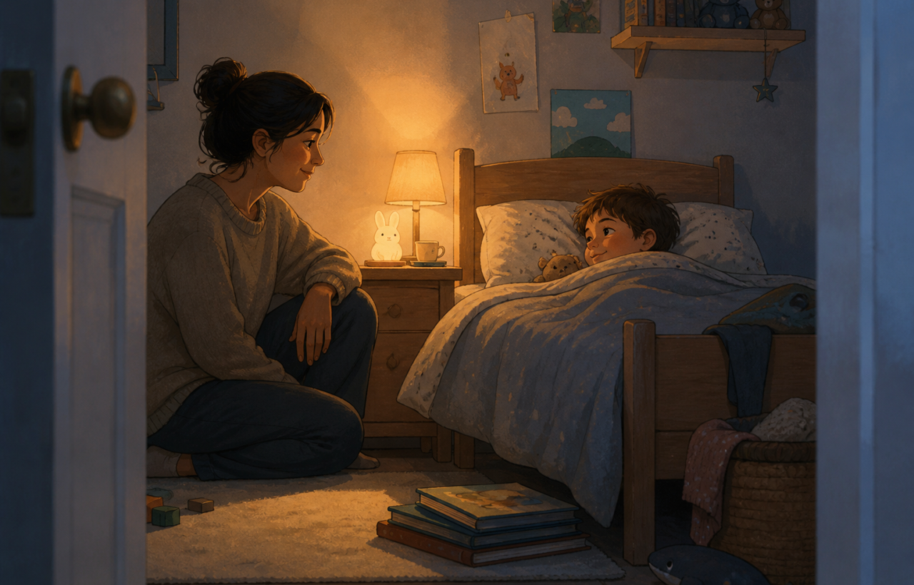 A parent pauses beside an awake young child resting in bed in a softly lit bedroom.