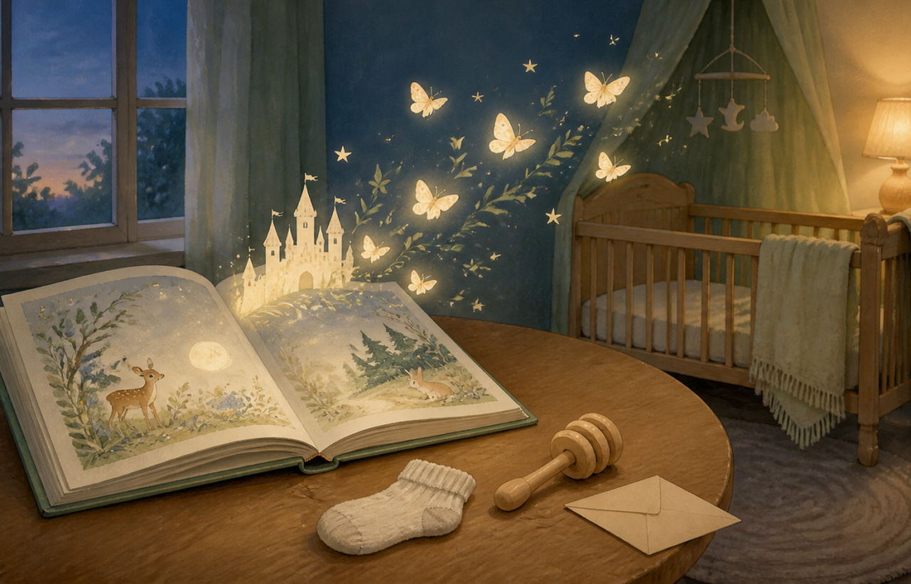 An open illustrated book on a nursery table sends glowing stars, leaves, moths, and a castle silhouette toward a cradle at twilight.