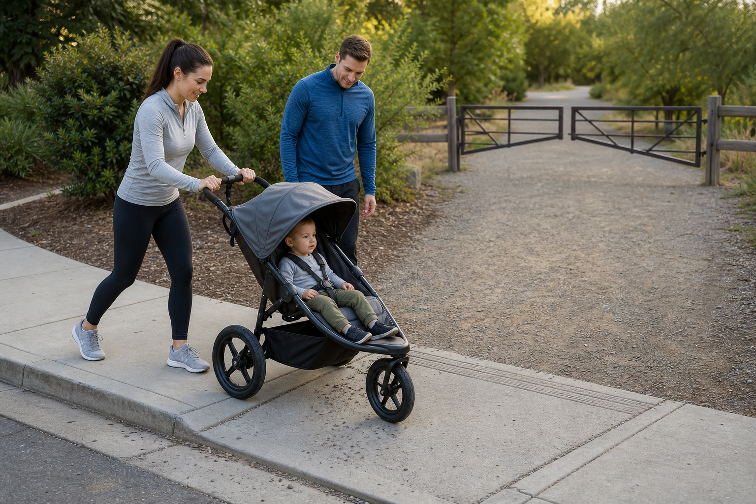 A family tests a jogging stroller where a sidewalk, curb cut, and firm gravel park trail meet.