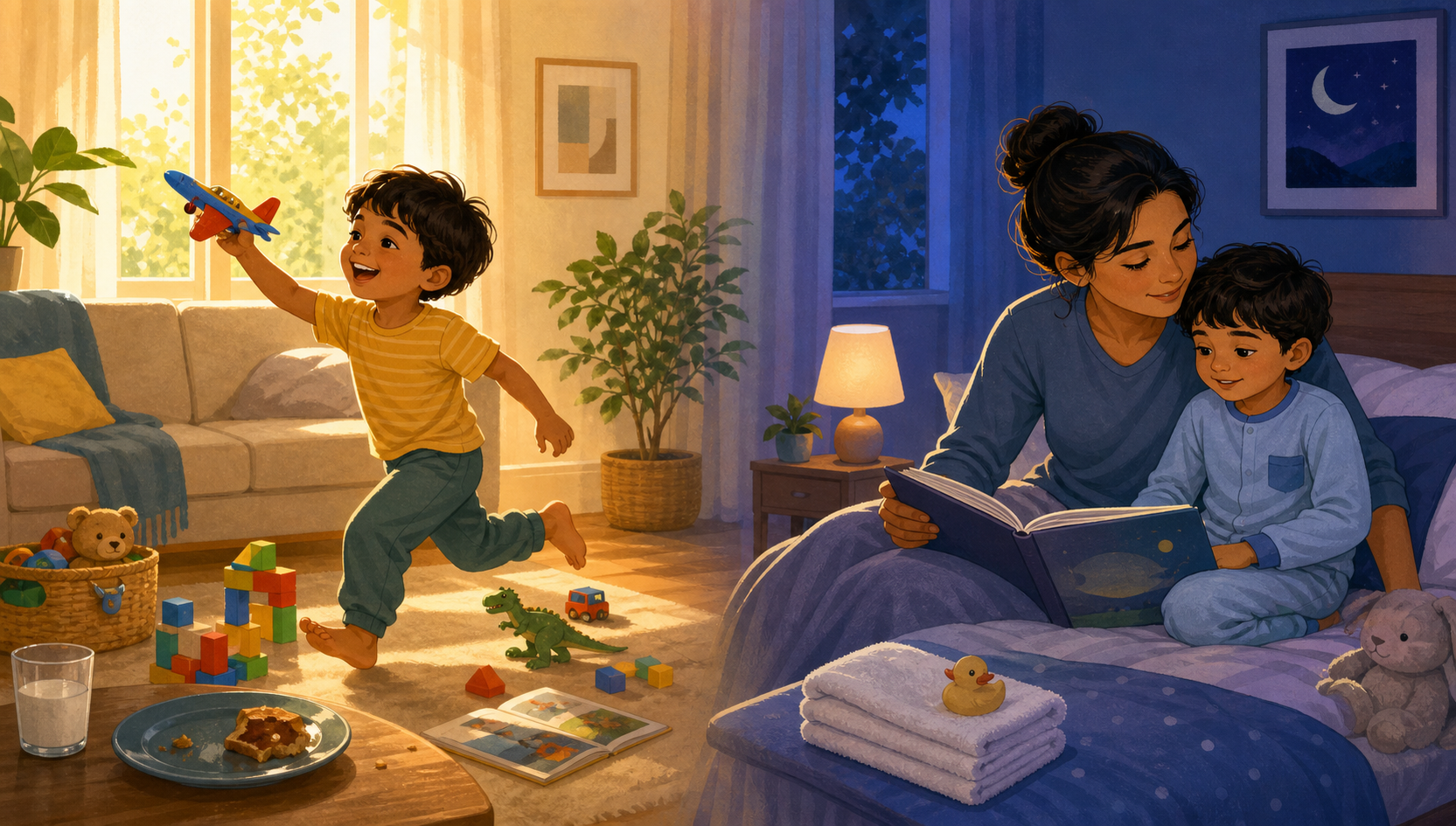 Two evening scenes show a child moving from active play in bright light to a calmer routine with pajamas and a picture book.