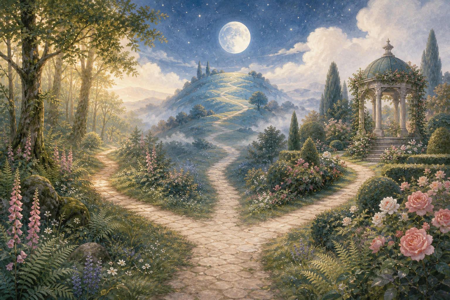 Three paths branch toward a woodland, a moonlit hill, and a rose-covered garden pavilion in a whimsical landscape.