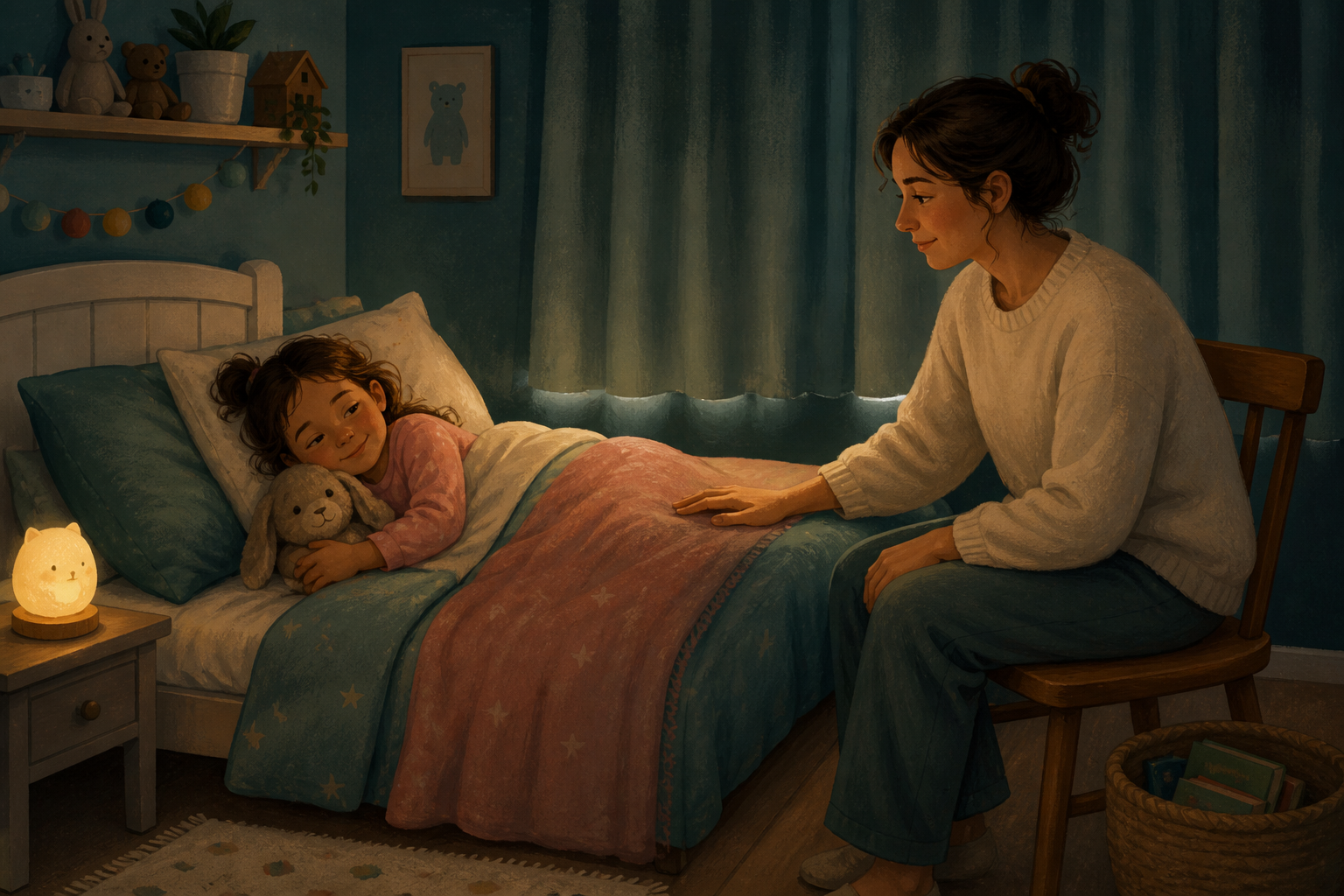 A caregiver sits beside a preschool-age child in bed and offers reassurance with a hand on the mattress.
