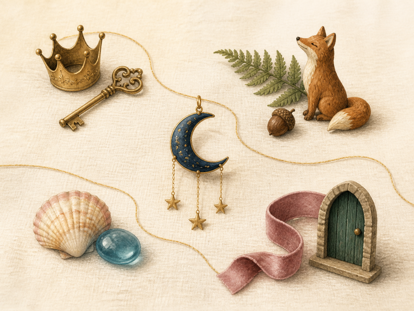 A still life groups a crown and key, woodland objects, celestial decorations, seaside keepsakes, and a miniature doorway on pale linen.
