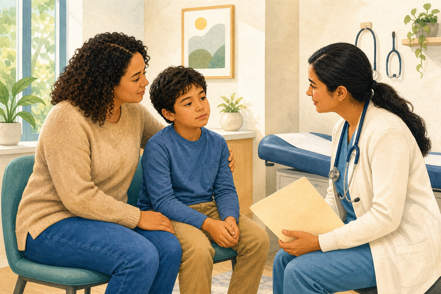 A parent and school-age child speak with a pediatric healthcare professional in a bright clinic room.
