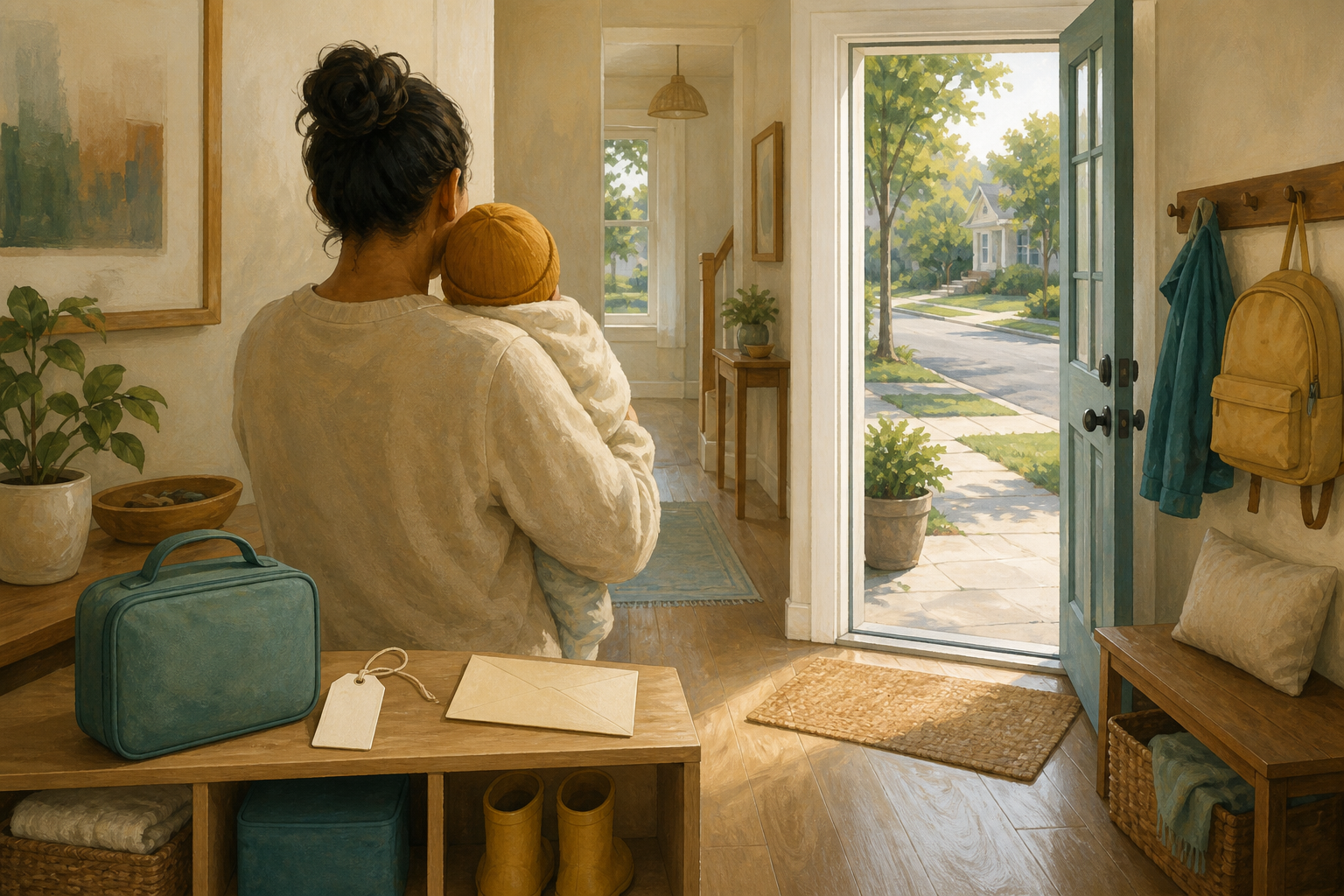 A parent holds a bundled baby near everyday items including rain boots, a backpack, a blank luggage tag, and an unmarked envelope.
