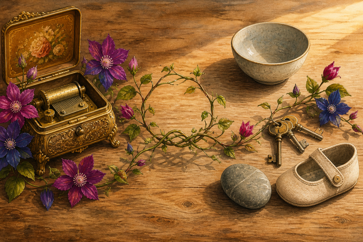 A flowering vine curls around an ornate music box and becomes slightly tangled beside simple everyday objects on a wooden table.