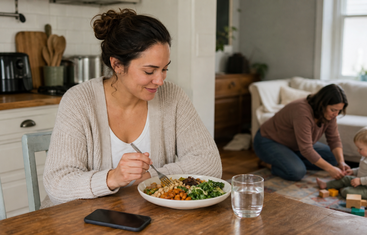 A mother eats a meal at the kitchen table while a toddler plays nearby with another adult's support.