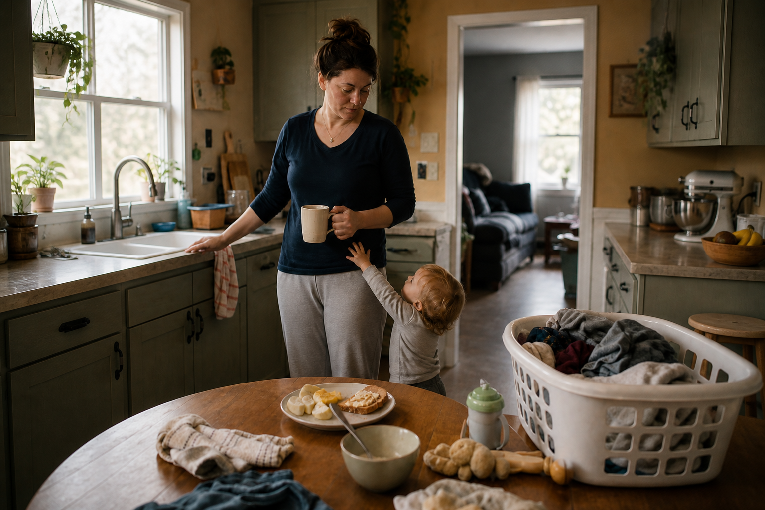 A mother pauses in a kitchen among an unfinished snack, laundry, and toddler care items while her child reaches toward her.