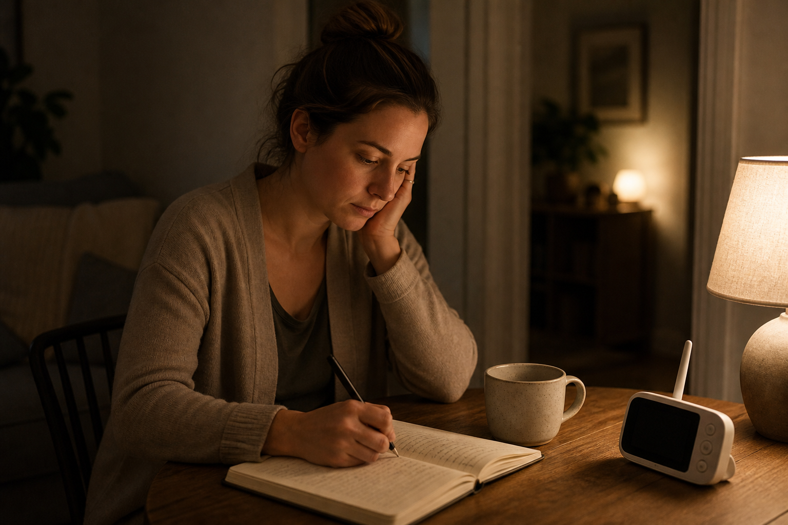 A mother reflects while writing in an open notebook at a softly lit table in the evening.