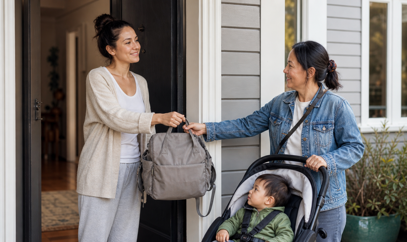 A mother hands a diaper bag to a trusted family member who is preparing to take her toddler out in a stroller.