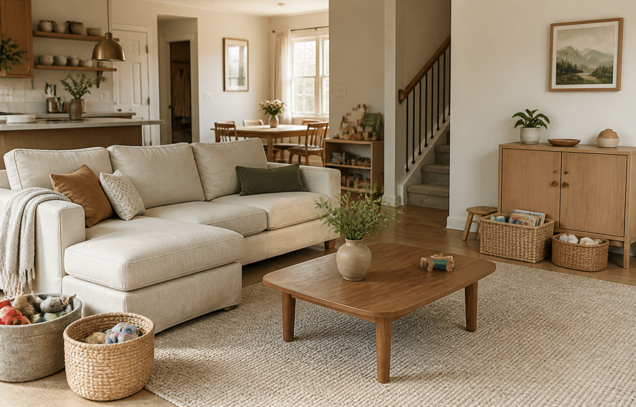 An affordable family living room with a washable sofa, rounded wood table, low toy baskets, concealed supplies, and a clear walking path.