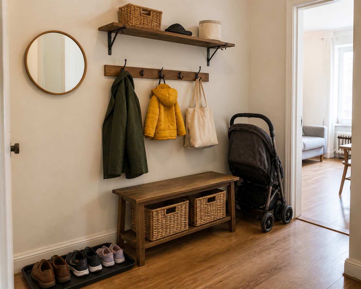 A compact family entryway with a bench, baskets, wall hooks, shoe tray, stroller, and an unobstructed path.
