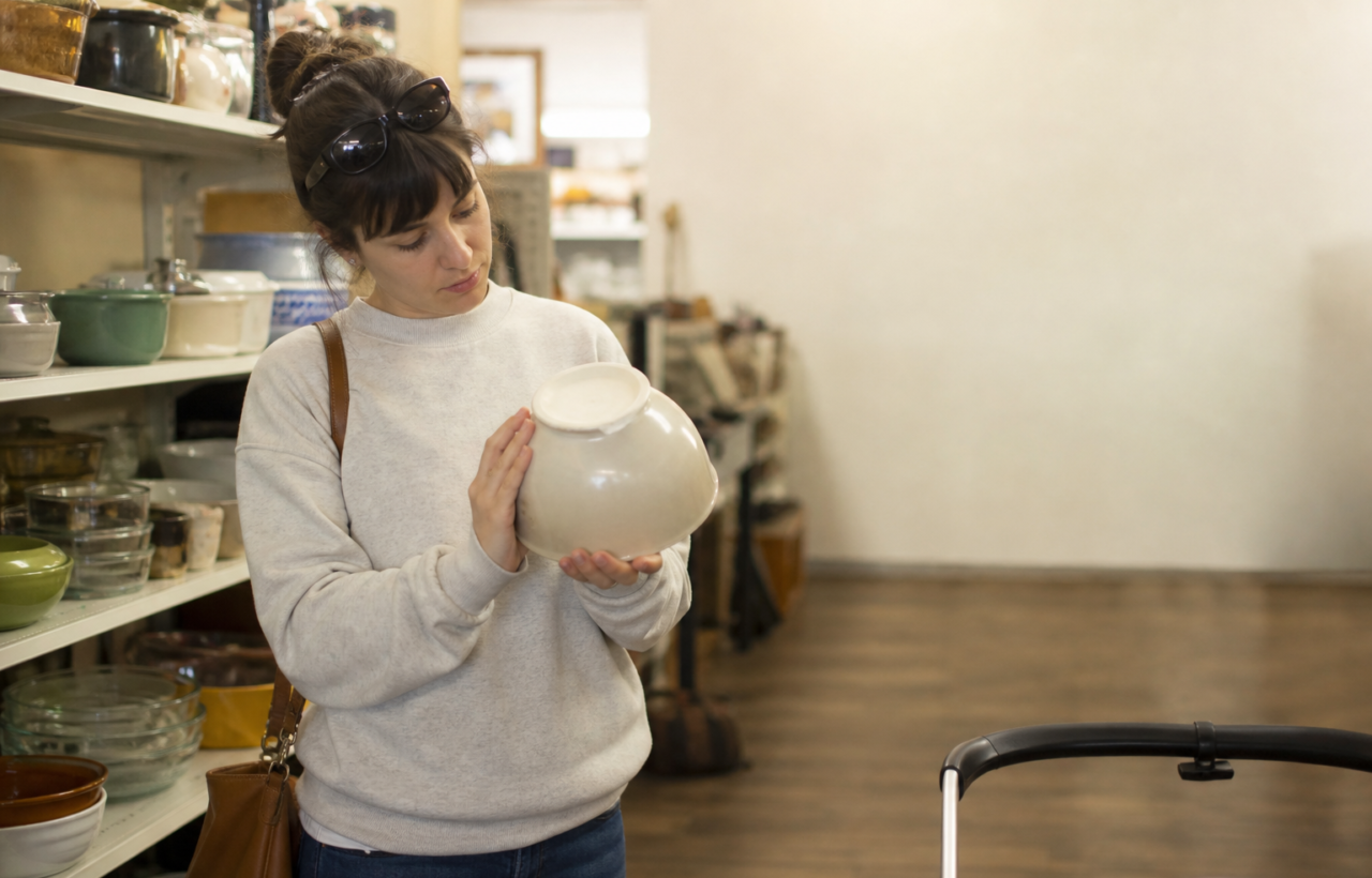 A shopper tilts a vintage ceramic mixing bowl to inspect its underside in a thrift-store kitchenware aisle.