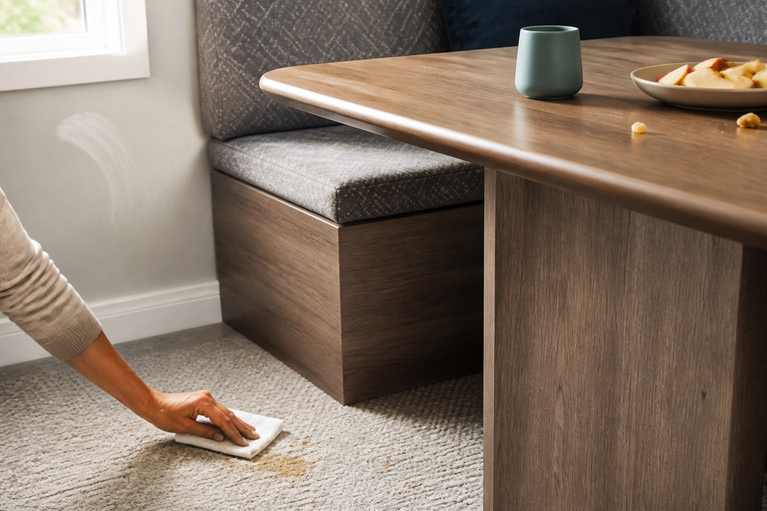 A family dining nook with a wipeable table, washable cushions, a low-pile rug, and a small spill being cleaned with a cloth.