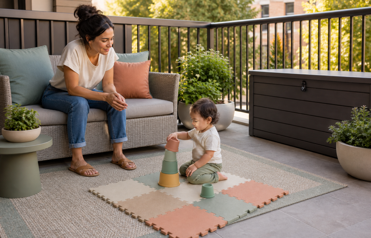 A parent watches a toddler play on a mat in a tidy small patio with compact seating, a washable rug, rounded furniture, and secured planters.