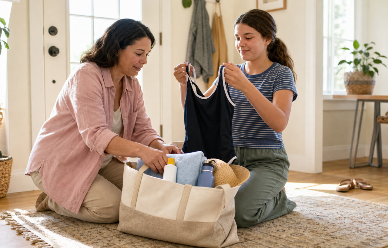 A parent and teenager calmly pack towels, sunscreen, water, and a swimsuit for a summer outing.