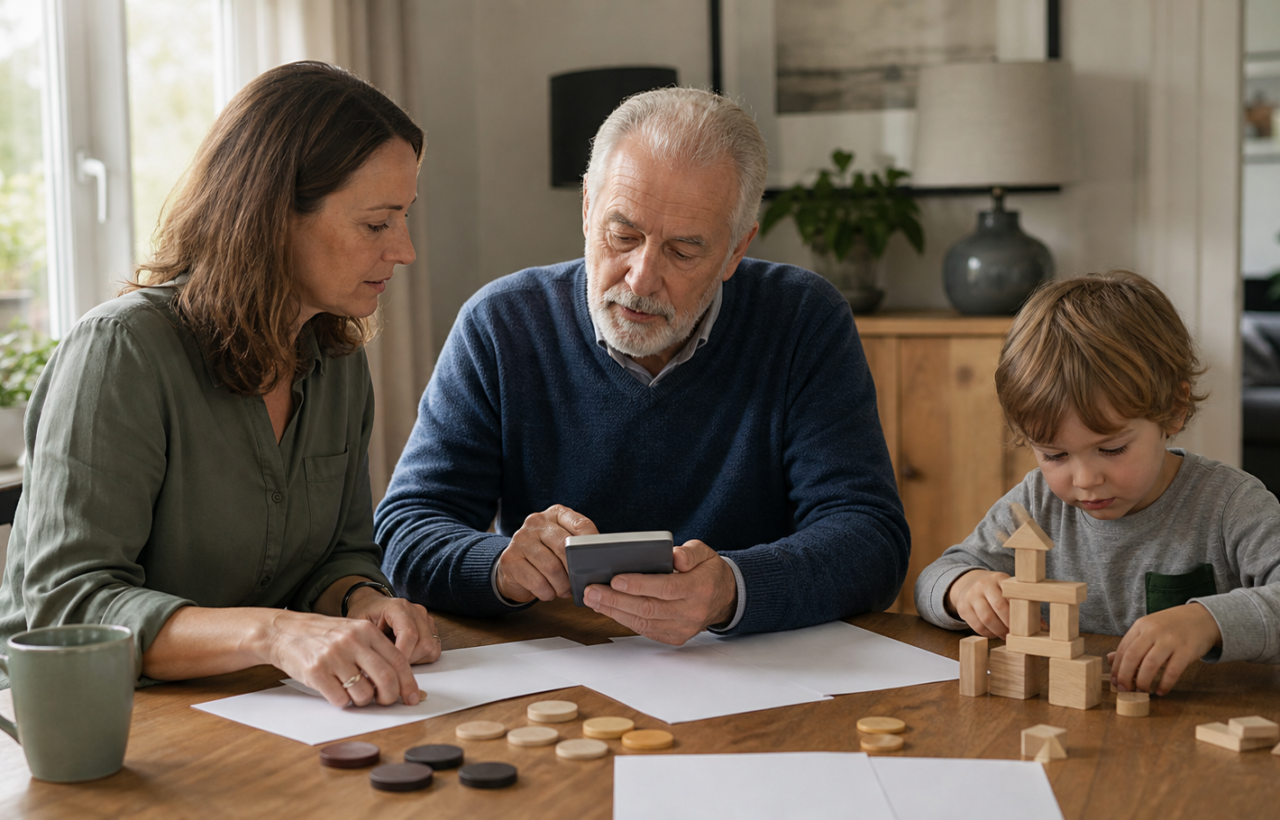 A 65-year-old father and his adult daughter review retirement finances at a dining table while a young child plays nearby.