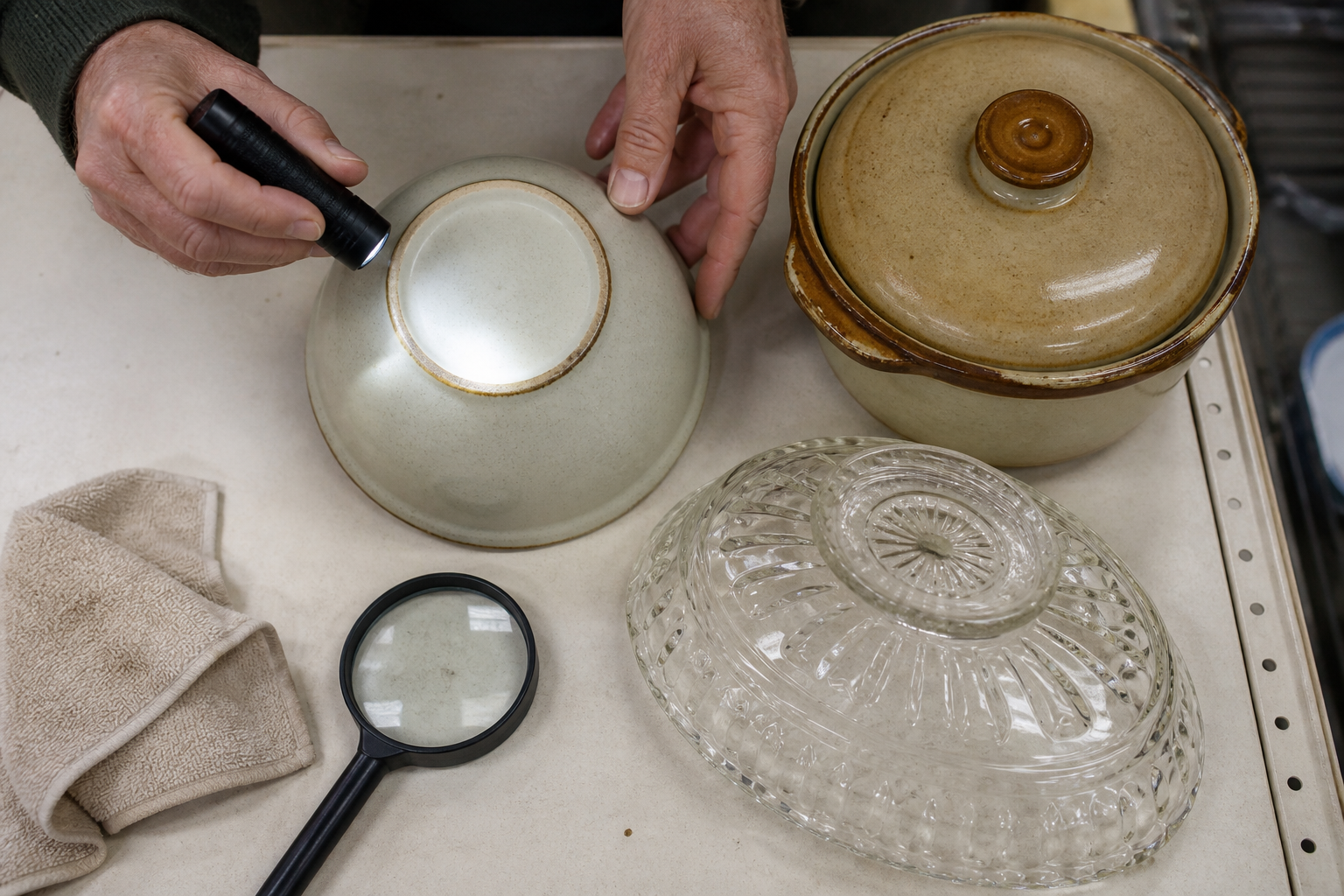 Hands inspect the base, rim, mold lines, glaze, and lid fit of several vintage kitchenware pieces on a counter.