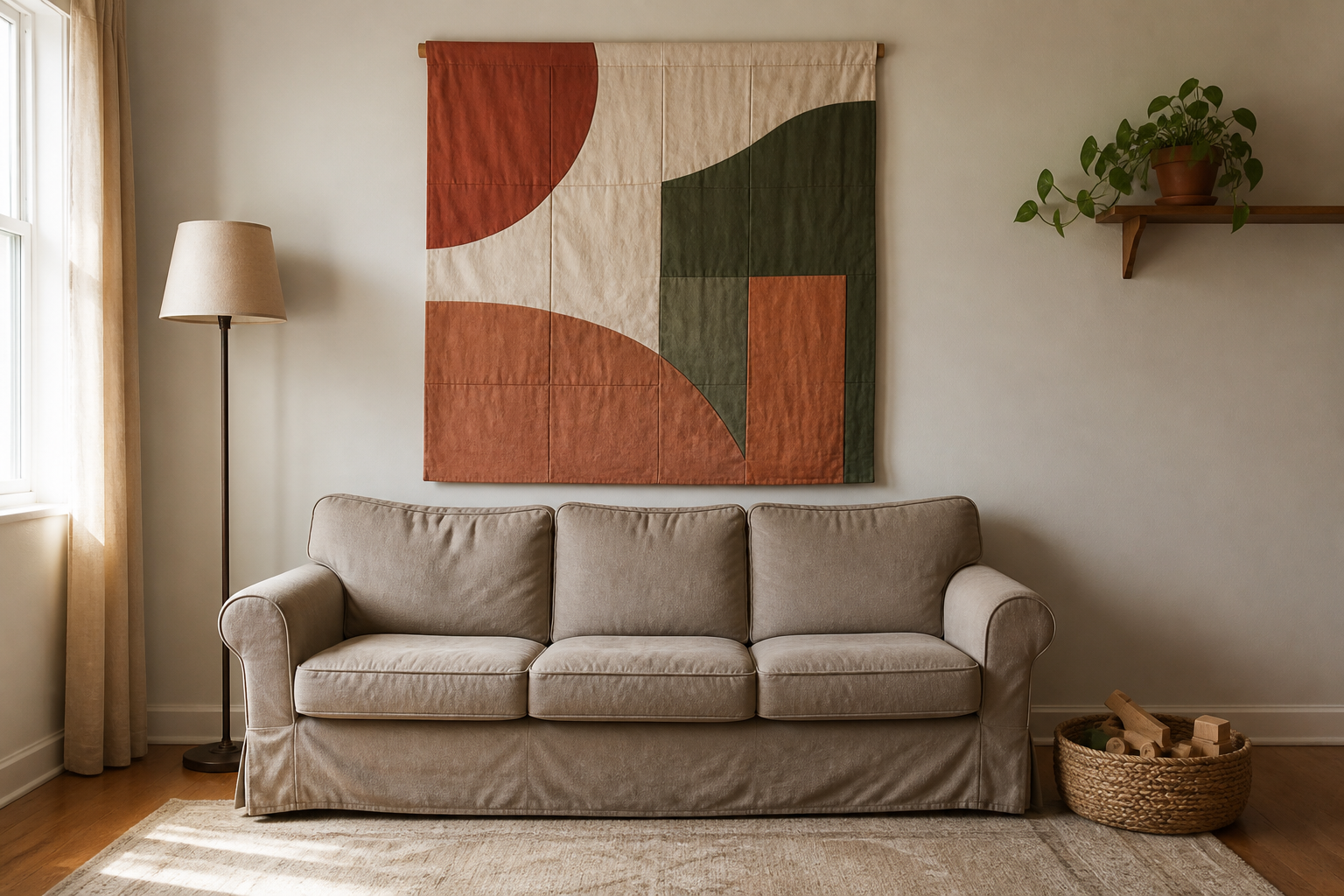 A modest living room centered on one large geometric textile hanging above a simple sofa, with minimal surrounding decor.