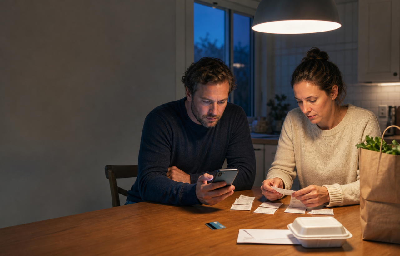 Two parents review a credit card, phone, receipts, takeout container, groceries, and household mail at their kitchen table in the evening.