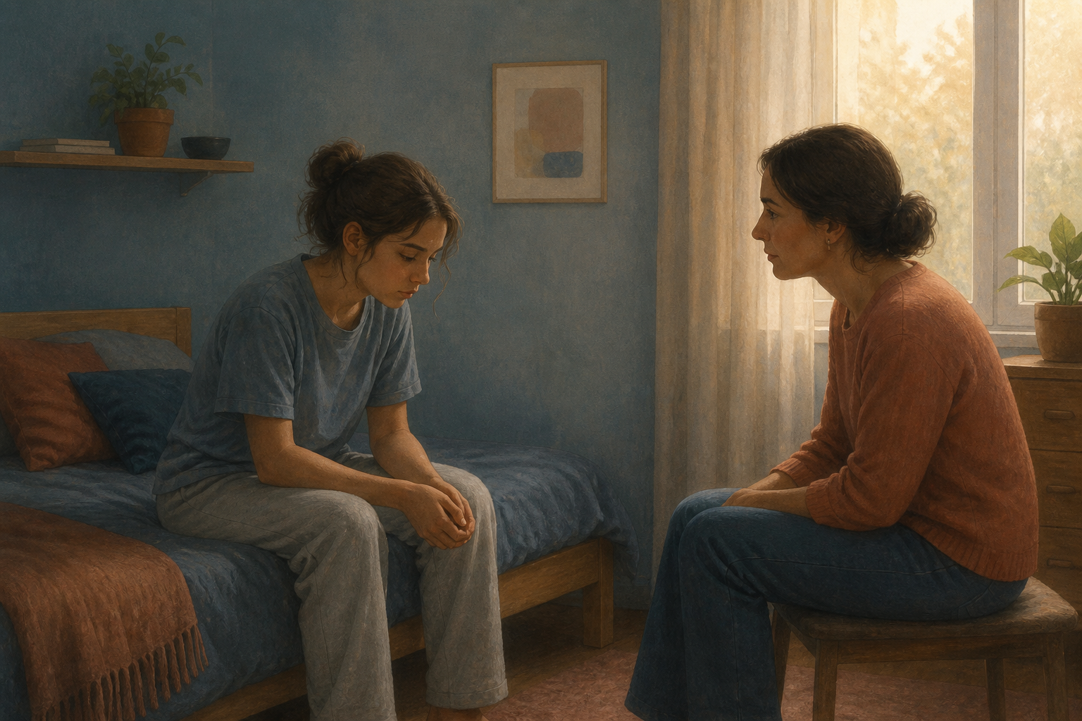 A distressed teenager sits on a bed while a parent listens quietly beside them.