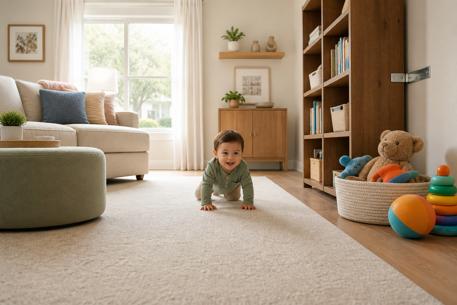 A crawling toddler in a living room with a clear floor path, rounded ottoman, low toy baskets, concealed cords, and secured furniture.