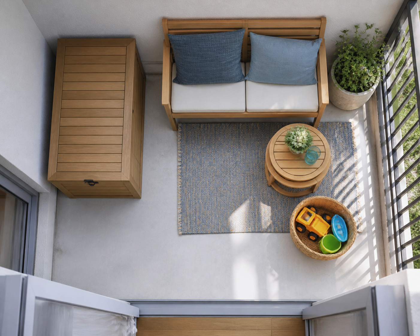 An overhead view of a compact balcony organized as a family lounge, with seating along one wall, an open walkway, a play basket, and closed storage.