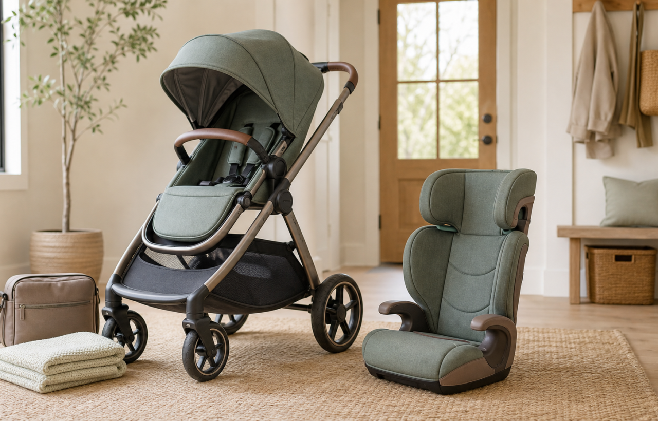 A stroller and high-back booster seat in matching muted green fabric arranged in a bright family entryway.