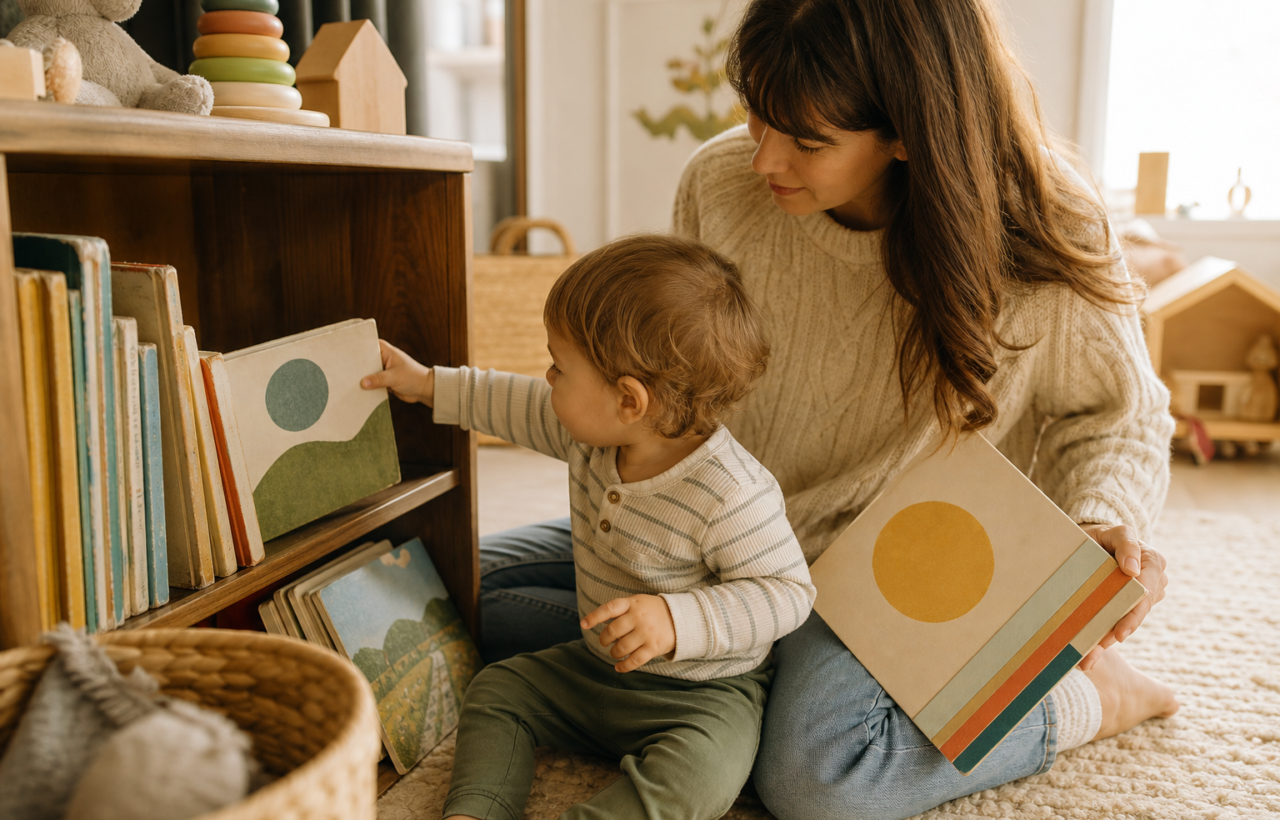 A parent watches a toddler choose a picture book from several books arranged beside a low shelf.