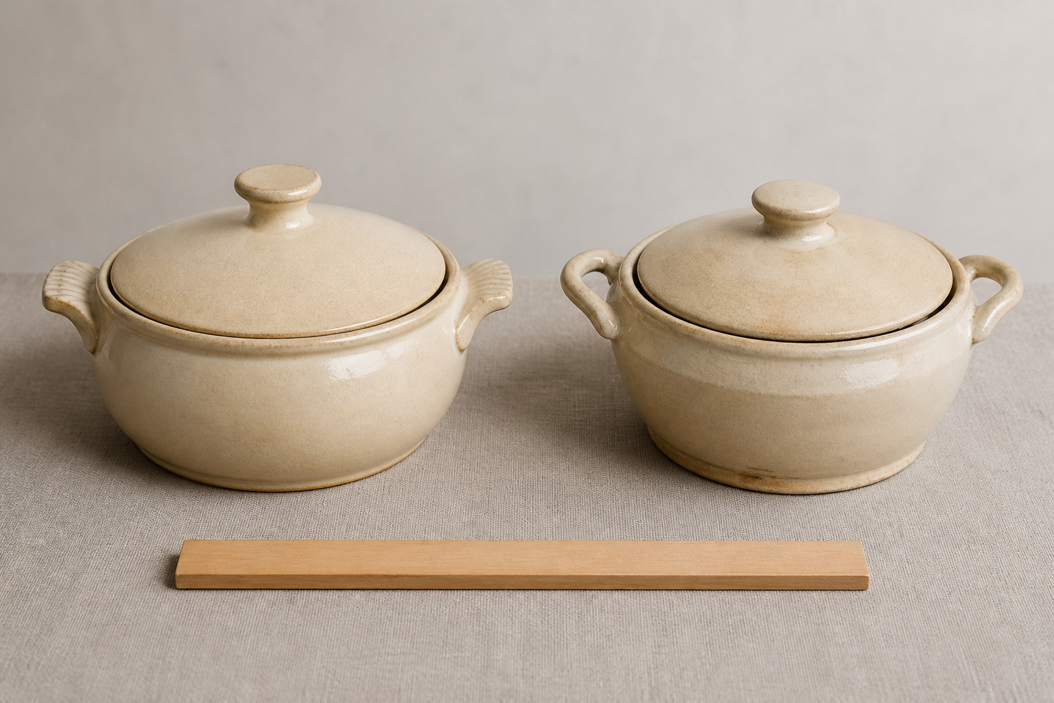 Two similar ceramic casserole dishes sit side by side, revealing differences in their lids, handles, proportions, and condition.