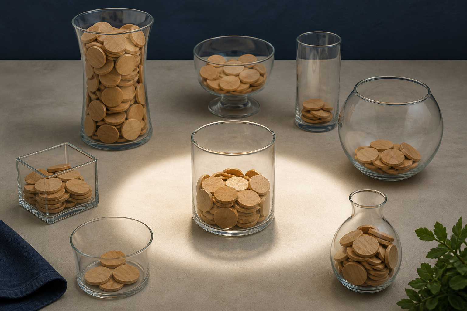 Different glass vessels hold varying amounts of identical wooden coins, with one vessel highlighted as a limited point of comparison.